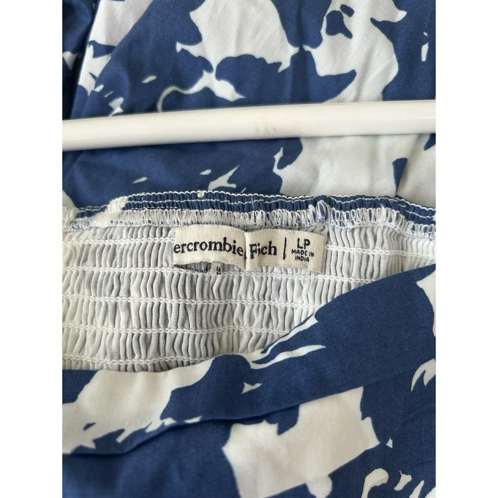 Abercrombie Emerson Poplin Puff Sleeve Dress Floral Blue White Sz LP Coastal